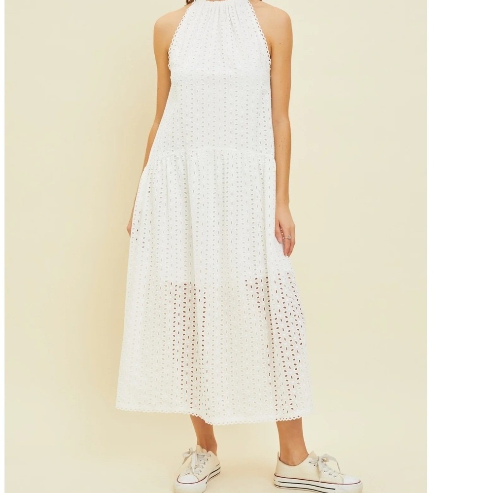 Heyson Eyelet Halter Midi Dress Women Size M White  Tiered Scalloped